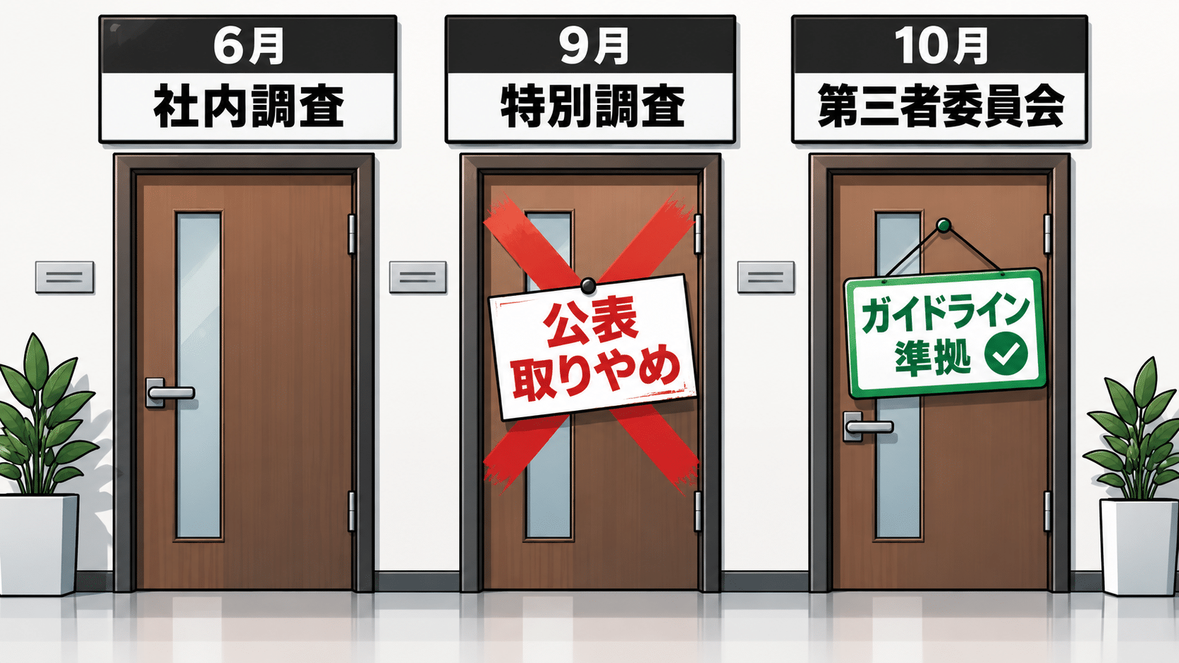 6月の社内調査、9月の特別調査、10月の第三者委員会という3つの調査の扉