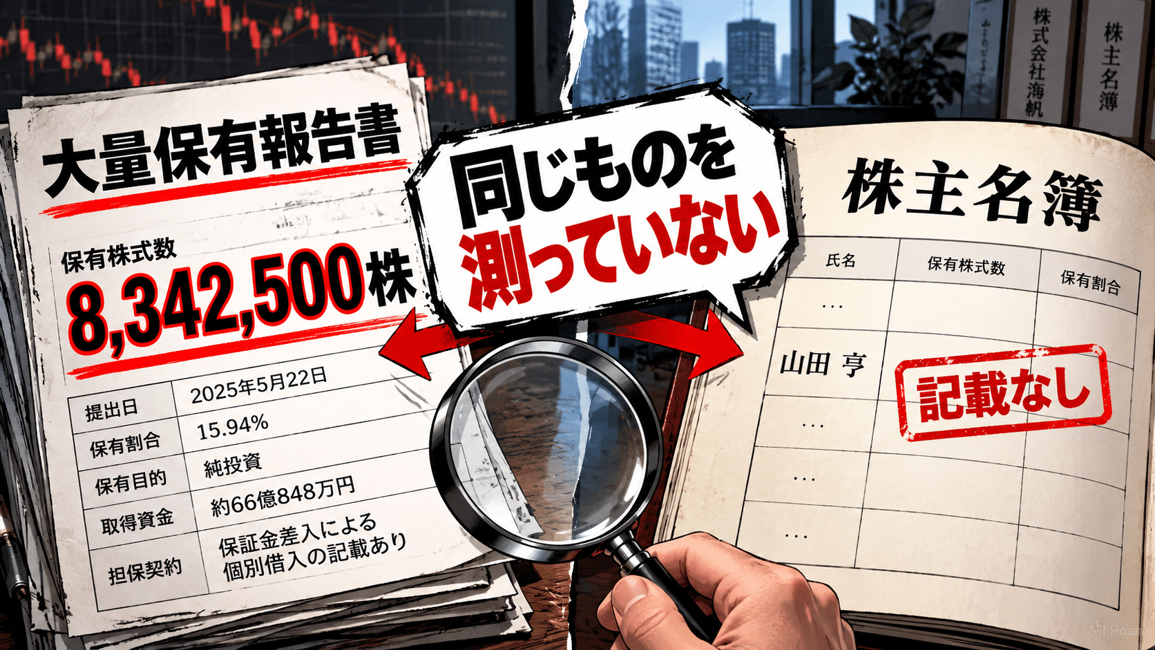 大量保有報告書の8,342,500株と株主名簿の比較