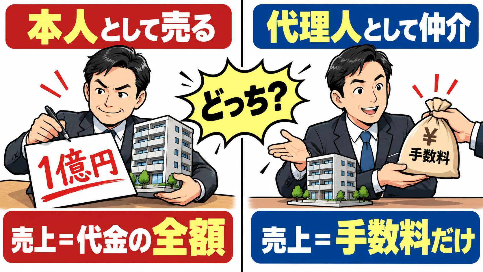 本人として売るか、代理人として仲介するかで売上の計上が変わる比較図