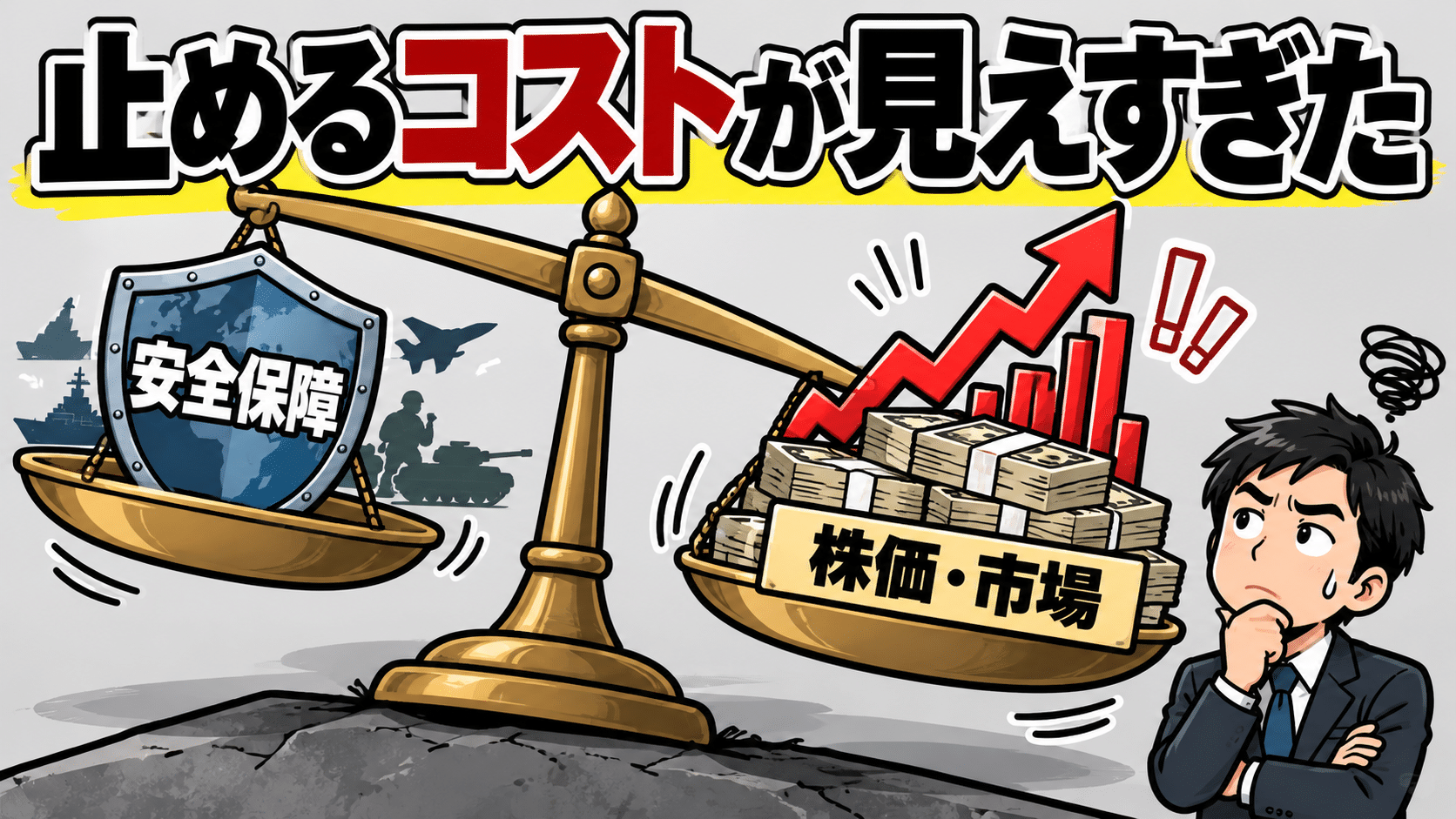 安全保障と株価・市場を載せた天秤が市場側に傾いているイメージ