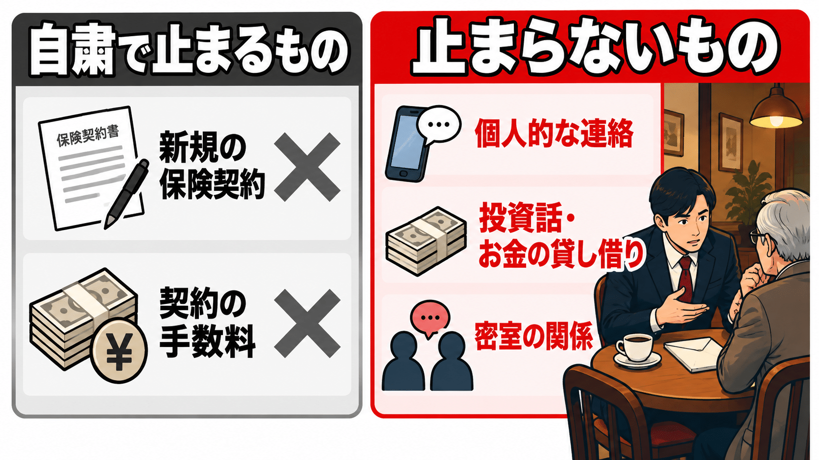 販売自粛で止まるものと止まらないものの比較図