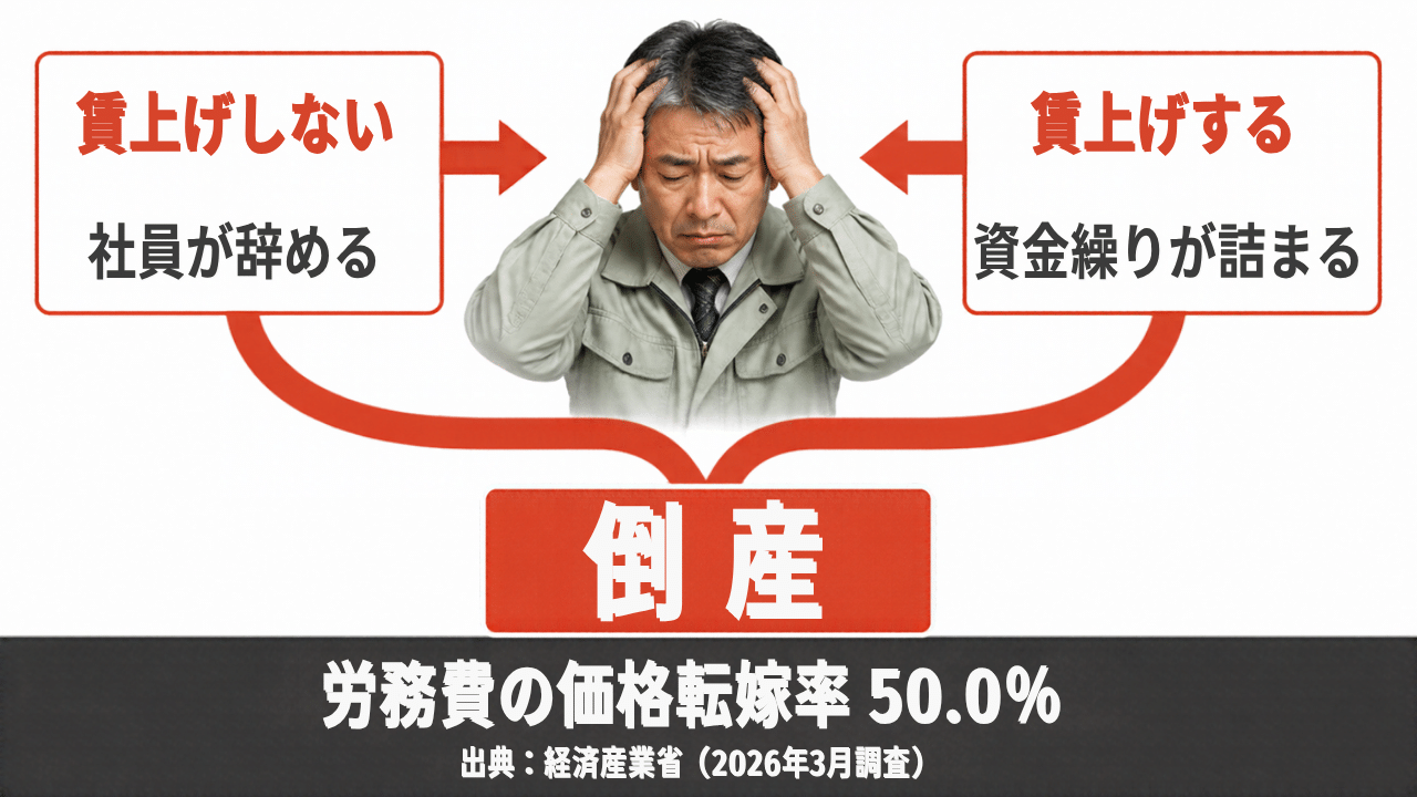 賃上げしないと社員が辞め、賃上げすると資金繰りが詰まる板挟みの図。労務費の価格転嫁率50.0％